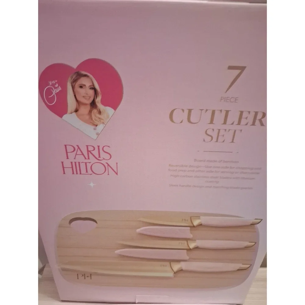 Paris Hilton 7-Piece Bamboo Cutting Board & Stainless Steel Knives Set